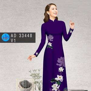 Vietnamesisch Ao Dai Kleid: Lotus Print Seide, Traditioneller Stil