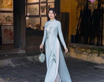 Lily Floral Embroidered Vietnamese Ao Dai Silk | Bride Ao Dai Outfit | Vietnamese Traditional Ao Dai | Ao Dai Women | Vietnamese Long Dress