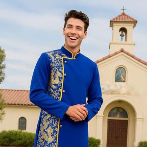 Blue Gấm Ao Dai For Men – Vietnamese Traditional Outfit for Special Occasions | Ao Dai Vietnamese | Festival Ao Dai | Luxury Ao Dai Men