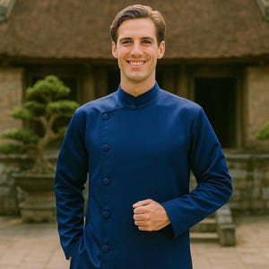 Vietnamese Men’s Ao Dai | Navy Blue Vietnamese Traditional Outfit for Wedding | Áo Dài Cưới Nam Truyền Thống Xanh Đen|High quality Men Dress