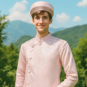 Pink Traditional Ao Dai for Men: Vietnamese Brocade Long Dress
