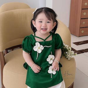 Green Modern Ao Dai For Kids Girl | Daughter Ao Dai Set | Ao Dai Bé Gái | Vietnamese Ao Dai For Baby Girls | Lunar New Year