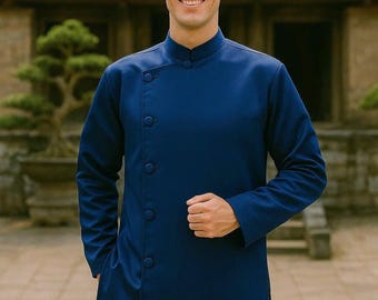 Marineblauwe Ao Dai-heren: traditionele Vietnamese outfit - geruite Ao Dai-heren - formele Ao Dai-heren
