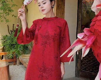 Deep Red Organza Ao Dai - Vietnamese Wedding Festival Outfit with Tassel - No Pants - Loose waist