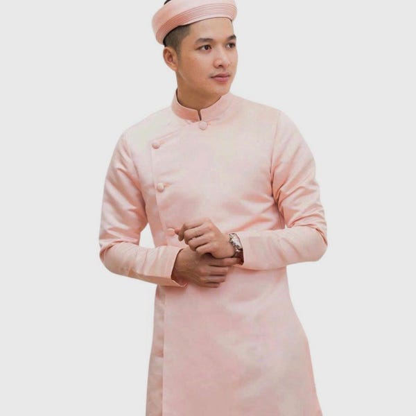 Pink Taffeta Ao Dai for Men: Traditional Vietnamese Wedding Attire - No included Hat