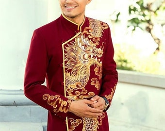 Red Dragon Embroidered Ao Dai For Men | Dress Ao Dai For Men | Vietnamese Traditional Long Dress For Men | Fiance Ao Dai Wedding