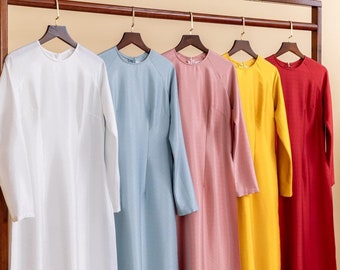 Full Plain Van Go Silk Ao Dai- Round neckline | Pre-made Vietnamese Traditional Ao Dai| Ao Dai For Women | Ao Dai Truyen Thong Vietnam