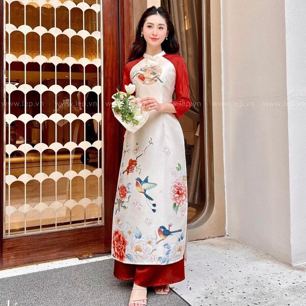 Vogel Gedruckt Vietnamesisch Modernisiert Ao Dai Mit Hosen | Ao Dai Für Frauen | Ao Dai für Mädchen | Vietnamesisches Kleid | Ao Dai Cach Tan | Viet Kleid