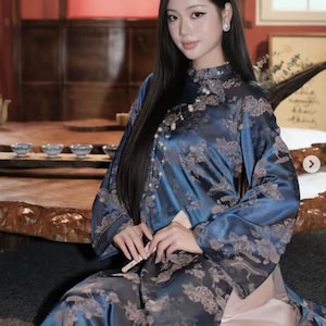 Dark Blue Vietnamese Ao Dai Set for Women – Floral Pattern, Traditional Ao Dai with Pants, Elegant Vietnamese Dress