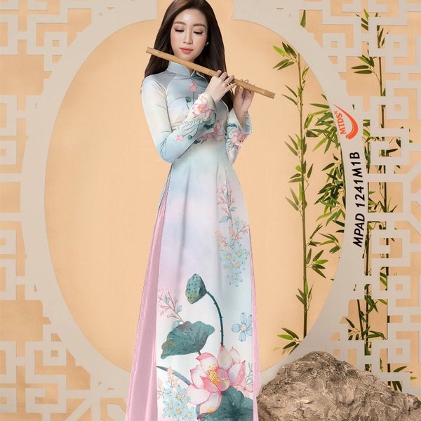 Lotus Printed Ao Dai | Vietnamese Traditional Ao Dai For Women | Ao Dai Viet Nam | Vietnamese Dress | Ao Dai For Woman| Lunar New Year Viet