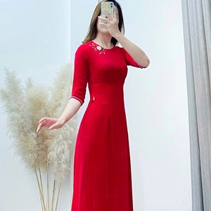 Red Lua My Ao Dai Dress with Floral Pearls - Traditional Vietnamese Style - Round neck