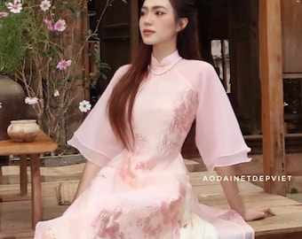 Modern Pink Vietnamese Ao Dai – Double‑Layer Sleeves Gấm Silk for Wedding, Bridesmaid, Tết | No Pants | Floral Ao Dai | Vienamese Long Dress