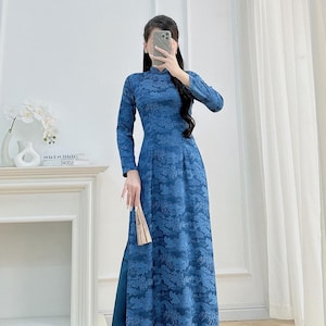 Set Ao Dai To Tam Thap | Blue Traditional Long Dress with Pants | Vietnamese Dress for Women | Ao Dai Vietnam | Lunar Yew Year