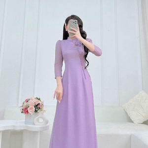 Pastel Purple 3D Rose Ao Dai Set- Double Layers Chiffon Silk | Vietnamese Traditional Dress