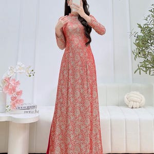 Pre-made Orange Green To Gam Ao Dai: Vietnamese Traditional Dress - Tet & Wedding - Luxury Ao Dai - Set Ao Dai Women