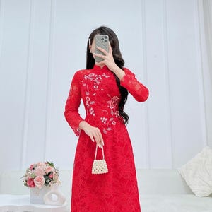 Red Ao Dai for Vietnamese Bride- Sheer Sleeves | Lace Double Layers Wedding Ao Dai Floral Embroidery | Elegant Bridal Áo Dài | Áo Dài Cô Dâu