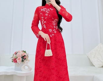 Red Lace Silk Ao Dai Wedding Dress | Floral Embroidery Gown with Pants | Bridal Ao Dai