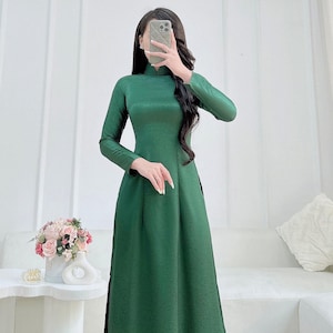 Green Gam Ao Dai Dress | Traditional Vietnamese Ao Dai For Women | Vietnamese Long Dress  | Vietnamese Ao Dai Costume | Áo Dài Gấm Xanh Lá