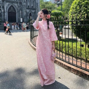 Floral Embroidered Modernized Ao Dai - Ao Dai Top | Pre-made Vietnamese Ao Dai | Ao Dai For Women | Ao Dai For Wedding | Ao Dai For Tet
