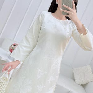 White THANH TRÚC Ao Dai- No Pants | Pre-made Modernized Vietnamese For Women | Ao Dai For Girls | Ao Dai Cach Tan | Ao Dai Gấm Taffa