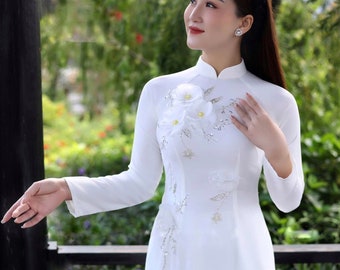 White 3D Floral Double Layers Chiffon Ao Dai | Pre-made Vietnamese Traditional Ao Dai| Ao Dai For Women | Ao Dai Truyen Thong Vietnam