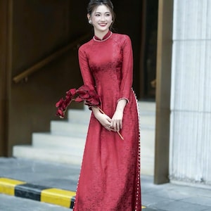 Pre-made Red Traditional Ao Dai Dress - Áo Dài Lụa Đinh Hương -  Beaded Ao Dai Women