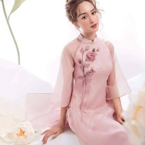 Blush Pink Floral Embroidery Ao Dai | Ao Dai For Women | Bridesmaid Ao Dai | Vietnamese Ao Dai | Ao Dai Lunar New Year | Ao Dai For Wedding