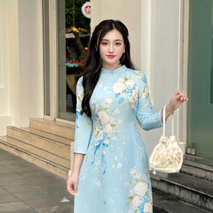 Blue 3D gấm Hoa Vietnamese Ao Dai For Women | Traditional Ao Dai Dress | Ao Dai For Girl | Ao Dai Vietnam | Wedding Ao Dai | Ao Dai Bộ