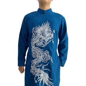 Blue Ao Dai For Men - Traditional Vietnamese Gam Long Dress for Men - Ao Dai Nam | White Dragon Embroidered Ao Dai For Men | Ao Dai Vietnam