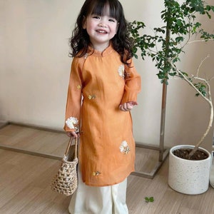Orange Floral Ao Dai For Daughter | Vietnamese Traditional for Girls | Daughter Ao Dai Set | Ao Dai Be Gai | Kids Ao Dai Tet |Ao Dai Vietnam