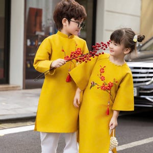 Girls Yellow Vietnamese Ao Dai – Traditional Lunar New Year Dress with Red Blossom Embroidery, Tet Outfit for Kids | Ao Dai Dress