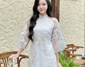 White Pink Lace Double Layers Ao Dai Set | Modernized Ao Dai For Women | Dress Ao Dai Girls | Viet Dress | Bridesmaids Ao Dai | Ao Dai Dress