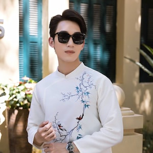 Embroidered Ao Dai for Men: White Vietnamese Wedding Dress