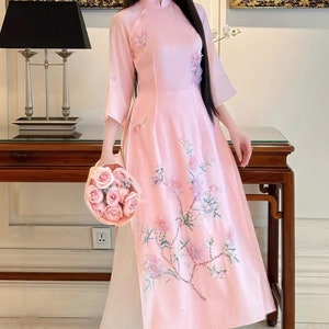 Pre-made Pink Ao Dai Modern Set | Ao Dai with designed 3d Floral & Crystal | Bridesmaid Ao Dai | Ao Dai For Wedding Event |Vietnamese Ao Dai
