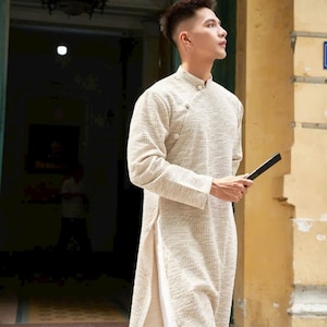 Cream\ Beige Tweed Ao Dai For Men | Modernized Vietnamese Men Ao Dai | Ao Dai For Men | Lunar New Year | Vietnamese Ao Dai For Men