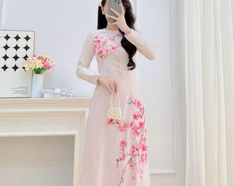 Ao Dai con brocado de flor de cerezo: vestido largo tradicional vietnamita con cuello redondo
