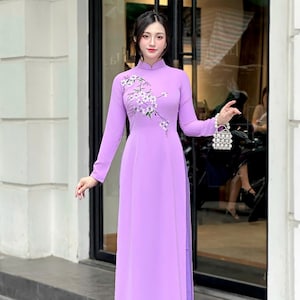 PURPLE Traditional Ao Dai w White Blossom Embroidery Green Pants | Vietnamese Ao Dai Dress | Wedding Vietnamese | Ao dai For Special Events