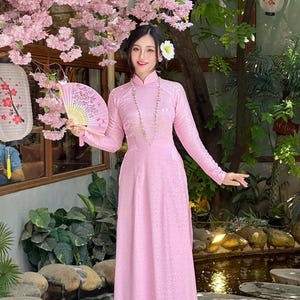 Pink Bridesmaid Ao Dai Dress | Vietnamese Ao Dai Dress | Long Dress Ao Dai with white pants | Vietnamese Ao Dai | Ao Dai Phu Dau