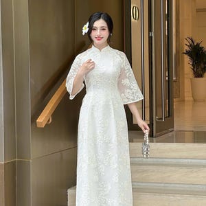 White Lace Traditional Vietnamese Ao Dai – White Leaves Embroidered Ao Dai for Women | Ao Dai Vietnam | Wide Sheer Sleeves Ao Dai | NO Pants