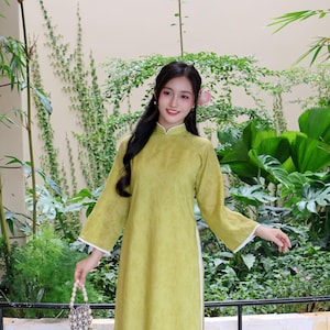 Avocado Green Silk Ao Dai: Vietnamese Long Dress with Cream Pants