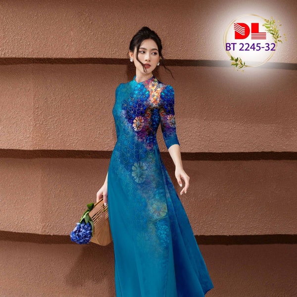 Modern Printed Silk Ao Dai: Vietnamese Dress with Pants - 3D Floral Ao Dai For Women