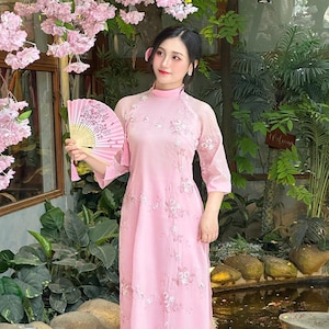 Pink Mini Floral Embroidery Chiffon with Clover Tassel Ao Dai Set | Pre-made Modern Vietnamese Ao Dai | Bridesmaid Ao Dai | Lunar New Year