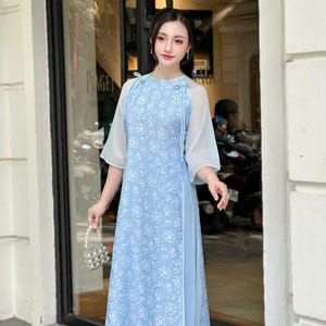 Blue Silk Ao Dai Dress: Traditional Vietnamese Wedding Outfit (No Pants)