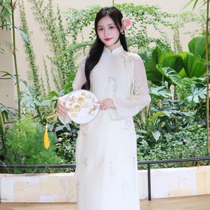 Cream Chiffon Ao Dai with Sequin Floral - Vietnamese Long Dress (No Pants