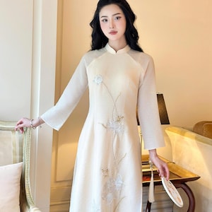 Luxury Beige Crystal Embroidery Ao Dai | Vietnamese Traditional Ao Dai Women | Ao Dai For Girls | Bridesmaid Ao Dai | Ao Dai For Wedding