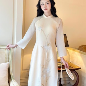 Luxury Beige Crystal Embroidery Ao Dai | Vietnamese Traditional Ao Dai Women | Ao Dai For Girls | Bridesmaid Ao Dai | Ao Dai For Wedding