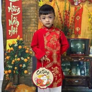 Red Brocade Ao Dai for Boys - Vietnamese Lunar New Year Outfit- Boys Size 1-16 - Kid Ao Dai Vietnam