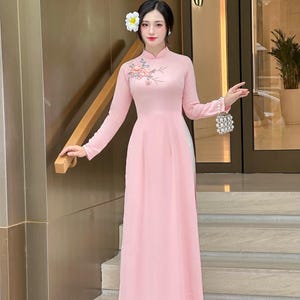 Pink Vietnamese Traditional Ao Dai Designed Floral Ribbon | Ao Dai Viet Nam | Uniform Ao Dai | Ao Dai with Pants | Vietnamese Long Dress