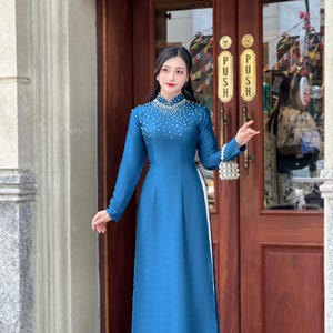 Blue Silk Ao Dai with Crystal Collar - Vietnamese Traditional Dress (No Pants, S-7X