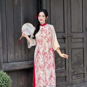 Red Floral Silk Ao Dai: Modern Vietnamese Dress (No Pants)